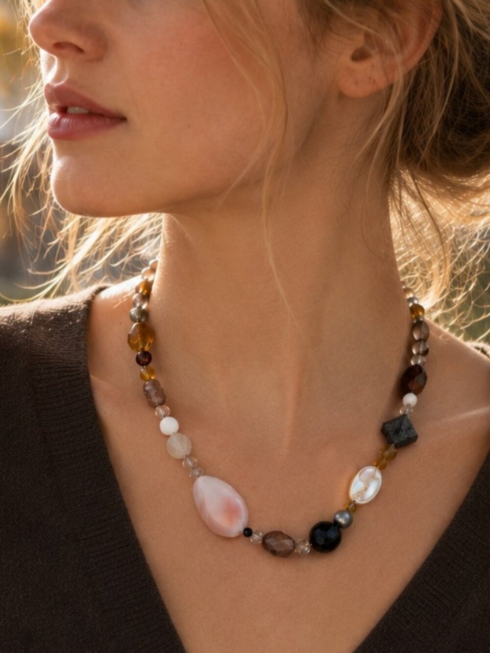 Asymmetrical Mixed Gemstone Mother of Pearl Necklace Wearable Art